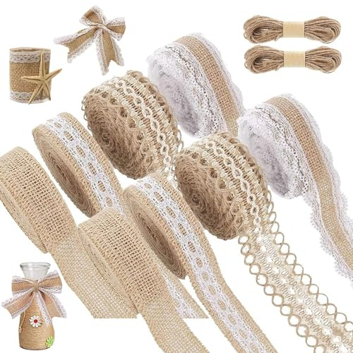 Ruban de Jute,8 rouleaux de ruban en toile de jute naturelle avec dentelle,décoration vintage pour mariage avec 2 cordes en jute,ruban en dentelle autocollant,décoration pour anniversaire,mariage,fête