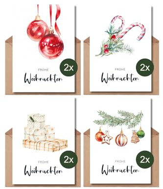 The Life Barn 8x Weihnachtskarten Set mit Umschlag modern Weihnachtspost | 8er Set, Hochwertige Karte aus 350g Papier, inkl Kraftpapierumschlag