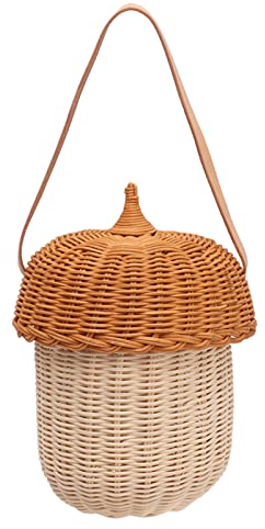 Tissting Schulter Crossbody Korbtasche 25cm Eichel Korbtasche Kleine Handgefertigter Rattan Aufbewahrungskorb mit Deckel, Wandbehang Deko Gewebte Korb Tasche für Kinder