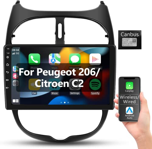 【1+32G】 Hodozzy Carplay Android Auto Autoradio für Peugeot 206/206cc/Citroen C2 2001-2016,9 Zoll Autoradio Touchscreen mit GPS/WiFi/HiFi/RDS Radio/2 USB/SWC