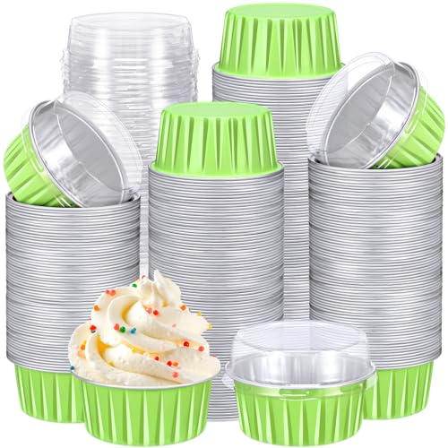 Gejoy 400 Pcs Aluminum Foil Baking Cups with Lids 5 oz Disposable Ramekins Mini Cake Pans Creme Brulee Cupcake Liners Muffin Tins Flan Mold Dessert Container for Wedding(Green,Classic)