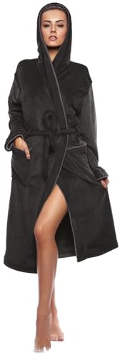 Octopus Damen Velours Bademantel - Kapuze, Gürtel und Taschen für ultimativen Komfort - 100% Baumwolle - Ökotex Standard 100 f5725 Farbe: Bademantel Schwarz/Anthrazit (1492), Gr. 5XL