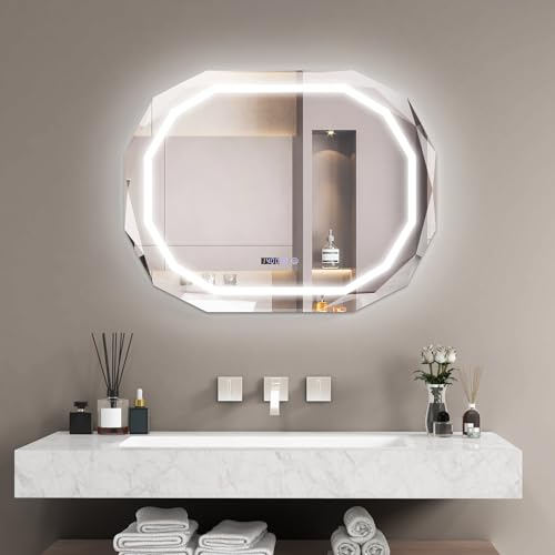 COSTWAY Badspiegel mit Anti-Beschlage Spiegelheizung, LED Spiegel dimmbar, Badezimmerspiegel 3000K-6500K, Wandspiegel groß 91,5 x 71 cm