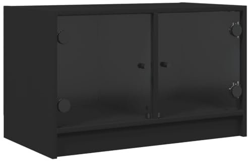 vidaXL Black TV Cabinet/Stand with Glass Doors - Modern Entertainment Unit for Media Storage in Living Room, Engineered Wood Construction, 68x37x42 cm, Max Load 80 kg
