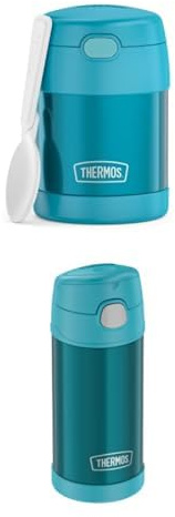 THERMOS kids FUNTAINER FOOD JAR 0,30l, ocean teal, Thermobehälter inkl. Löffel, 5 h heiß / 7 h kalt + THERMOS kids FUNTAINER STRAW BOTTLE 0,35l, ocean teal, Kinder Thermosflasche inkl. Strohhalm