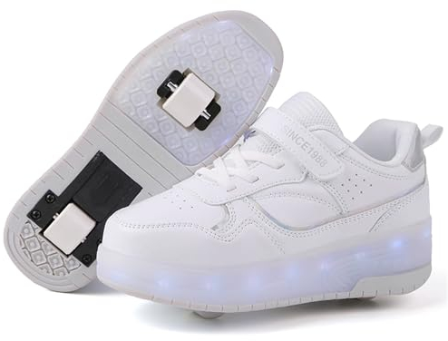 Schuhe mit Rollen für mädchen Jungen Verstellbare Rollschuhe Schuhe Einziehbar Turnschuhe mit Rollen für Kinder LED Blinkend Roller Skate Shoes für Outdoor-Sportarten,Weiß,33EU