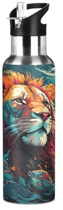 Linnyio Lions Aquarelle Fantaisie Gourde Sport Étanche,Sans BPA,Bouteille D'Eau Isolée Sport Tasse À Vide en Acier Inoxydable,1000ml/600ml