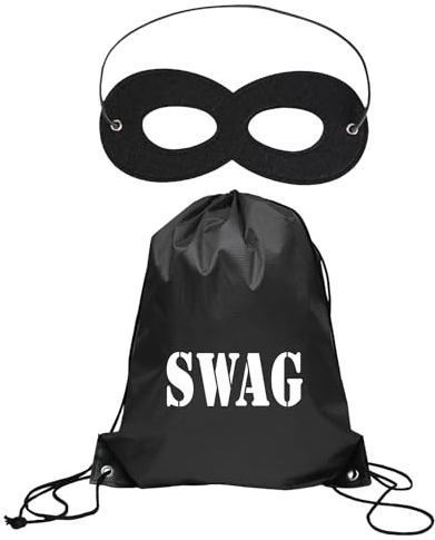 Bohue Swag Bag und Augenmaske Kordelzug Sack Polizisten Räuber Dieb Einbrecher Zubehör Kriminelle Cosplay für Maskerade Party Halloween Buchwoche Dress Up Day