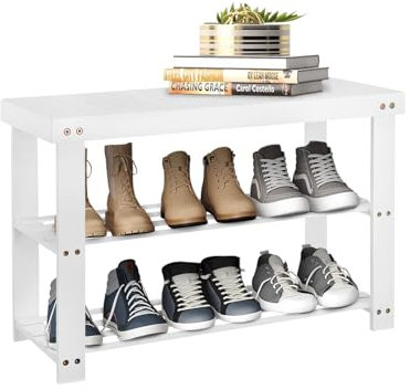 Holdfiturn Shoe Rack, 3 Tier Bamboo Shoe Bench Shoe Racks Storage Stand Shelf Organizer with Seat, 8 Pair of Shoes Rack for Corridor,Living Room, Bathroom, Bedroom or Hallway(White )