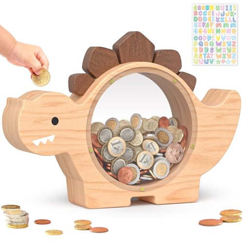 Summidate Wooden Dinosaur Piggy Bank for Kids Boys, Cute Wood Dino Money Bank for Toddlers, Creative Saving Coin Jar, Personalized Present for Child Birthday & Decor (Natrul Wood, Standard)