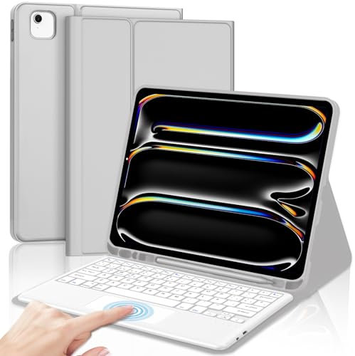 IVEOPPE Funda Teclado iPad Pro 13 M4 con Touchpad, Cover Teclado Trackpad Español Ñ Bluetooth Desmontable para iPad Pro 13 M4 2024, Gris Claro