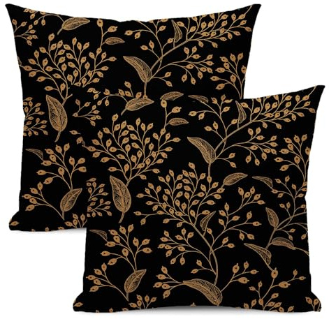 Yxuiyal 2 Kissenbezüge, ästhetisch, Vintage-Stil, goldfarben, für den Außenbereich, Retro-Blume, Boho, dekorativer Leinen-Kissenbezug für Zuhause, Couch, Sofa, 45,7 x 45,7 cm, Schwarz und Gold