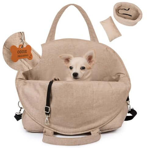 Petsen 3in1 Hundetasche & Transportbox – Autositz, Reisebett & Tragetasche für kleine Hunde & Katzen – Handgefertigt in der EU – Waschbar mit Kissen (Beige)