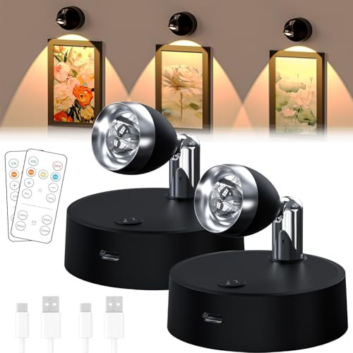 Battery LED Spotlights, 2 Pack Wireless Indoor Lights for Picture, 3 Colour Spotlights with Remote Control and Timer, Art Display Spot Lights, Mini Picture Light for Artwork Painting Statue - Black