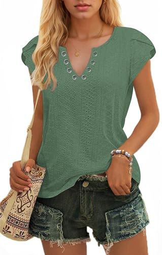 WNEEDU Ladies Tops Petal Short Sleeves T-Shirts V Neck Top for Women UK Casual Blouse Eyelet Embroidery Dark Green M