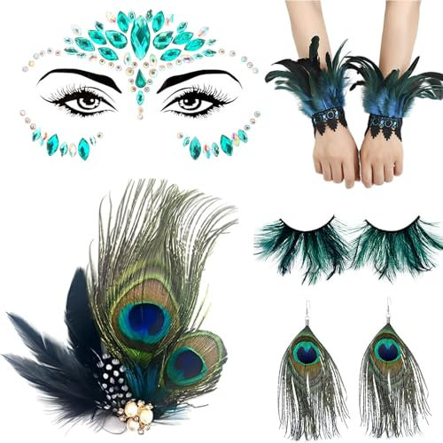 8pcs Pfau Kostüm Damen,Karneval Kostüm Damen,Pfau Feder Manschetten,Glitzersteine Gesicht,Pfau Haarschmuck,Pfau Wimpern,Pfauenfedern Ohrringe,Maskerade Karneval Party Cosplay Zubehör (Style 1)