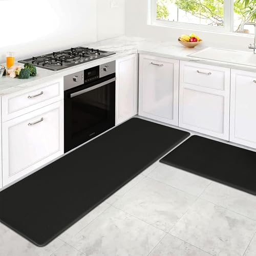 MARLOW Kitchen Rugs, PU Kitchen Mats Set 2 Piece, Anti Fatigue Kitchen Mats, Cushioned Runner Rug, Thick Waterproof Non-Skid Ergonomic Comfort Foam Rugs, for Sink Laundry, Black, 44x74cm+44x150cm