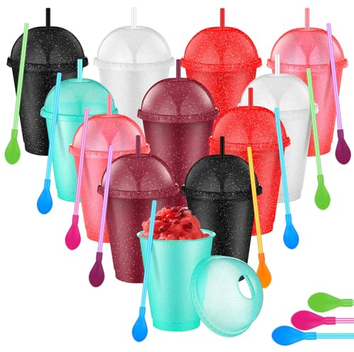 Ninehaoou Slushie-Tassen mit Kuppeldeckel und Strohhalmen, abnehmbare Löffel, Strohhalme, wiederverwendbar, 473 ml, Kunststoff, Eiskaffeetassen, Smoothie-Becher für Geburtstage, Sommer, Partyzubehör