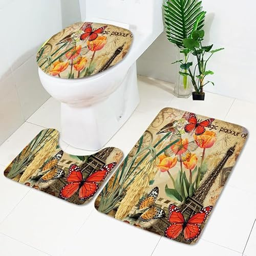 Badezimmerteppich Rote Schmetterlingsblume WC Vorleger mit Ausschnitt WC Deckelbezug 3 Teiliges WC Teppich rutschfeste Badgarnitur U förmiger Badematte Waschbar Bad Teppiche Set 50x80 cm