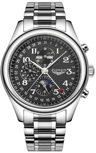 Guanqin Herren Multifunktions Automatik Selbstaufzug Mechanische Uhr Saphirglas Business Mondphase Ewiger Kalender Wasserdichte Uhr Mann Edelstahl oder Lederband Armbanduhr