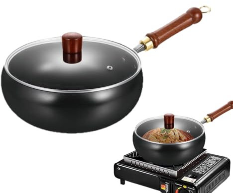 Cast Iron Wok, Uncoated Iron Pan, Japanese Irons Pan with Wooden Handle, Wok with Lid Non Stick, Scratch-Resistant Flat Bottom Cookware, for Baking Stewing
