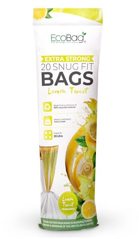 EcoBag - 20 Pack Lemon Scented Kitchen Drawstring Bin Liner - 20L - 24 Microns - Heavy Duty, Extra Strong, Brabantia Compatible, Tear Resistant, Fresh Smell (420 x 760mm)