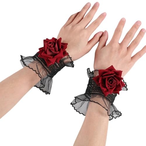 VASANA Bracelet élastique gothique rose en dentelle noire avec fleur rouge vin - Manchon Lolita - Accessoire de costume pour Halloween, bal masqué, fête
