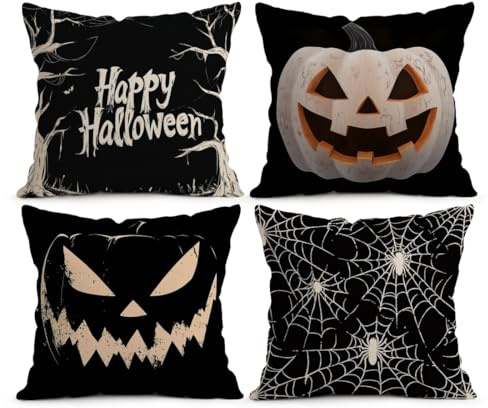 Halloween Kissenbezüge 45x45 cm 4er Set Kürbis Spinnennetz Schwarz | Gruselige Dekokissen für Sofa Couch Wohnzimmer Schlafzimmer