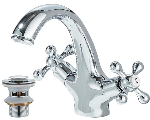 JUNSOTTOR Basin Mixer Tap Bathroom Sink Taps Chrome Crosshead Basin Taps Mono Traditional Victorian Double Handles Bathroom Tap Mixer Faucet with Pop Up Waste & UK Hoses