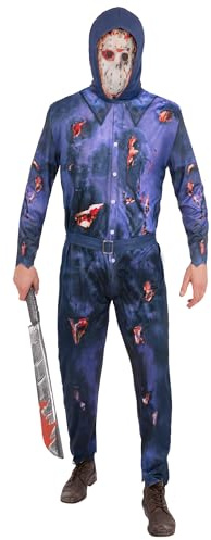 Smiffys Friday the 13th Adult Costume, Official Warner Bros Jason Voorhees Blue Boiler Suit with Hood and Mask Print, Halloween Fancy Dress Men