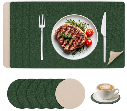 6er Tischset Abwaschbar & Untersetzer,Doppelseitige Lederoptik Platzsets | Platzdeckchen rutschfest Doppelseitigen Tischsets Lederoptik,Kunstleder Hitzebeständig für Küche Hause Restaurant -Grün+Beige