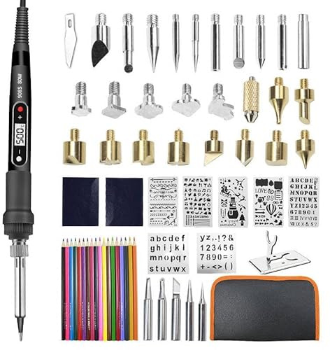 Set di saldatura per pirografia, 62 pezzi, Set di saldatura, 80 W, Temperatura regolabile, 180-500 °C, Ferro da bruciare, Display LED, Ferro da saldatura per legno, Pirografia con lettere e colori