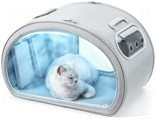 Pecute Cuccia Rinfrescante per Gatti, Tappetino Rinfrescante Cani Piccoli, Isolamento Termico 6 Bustine Ghiaccio Integrate, Pieghevole Finestra Trasparente Int/Est, Animali <6kg, M, Grigio