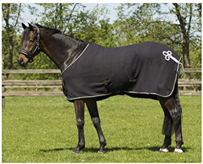 QHP Fleecedecke Abschwitzdecke Brustlatz Ornament Kontrast-Einfassung Kreuzgurte (155 cm, Schwarz/Silber)