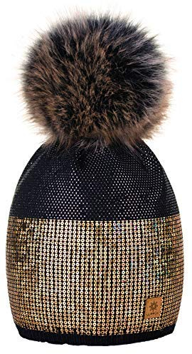 4sold Damen Wurm Winter Style Beanie Strickmütze Mütze mit Fellbommel Bommelmütze Hat Ski Snowboard Pelz Bommel Pompon Kleine Kristalle Sequins Crystals (Schwarz)