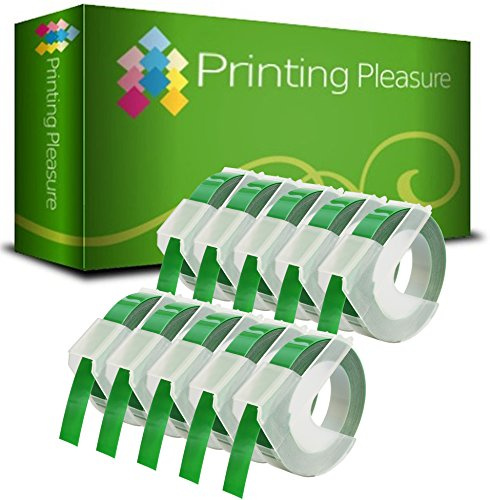 Printing Pleasure 10x Grün Prägebänd S0898160 Prägeetiketten für Dymo Junior S0717900 & Omega S0717930 Prägegeräte | 9mm x 3m | weißer Druck auf grünem Untergrund