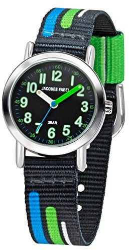 JACQUES FAREL Kinder-Armbanduhr Jungen Analog Quarz mit Stoffband Textilband Schwarz Blau Grün KPS 403
