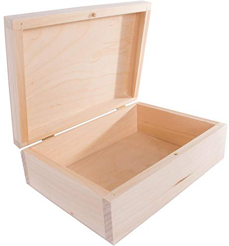 Rectangular Wooden Box with Lid & Bolt Closure | 20 x 15 x 6.5 cm | Gadgets Trinket Keepsake Memory Jewellery Gift Craft Storage Box | Unpainted & Untreated Plain Linden