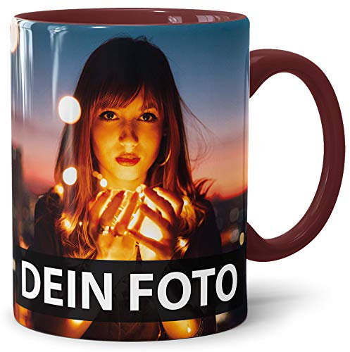 Foto-Tasse zum selbst gestalten mit Foto und Text/mit individuellen Druck in Profiqualität/Personalisierte Geschenk-Idee mit Bild/XXL-Druck/Weinrot