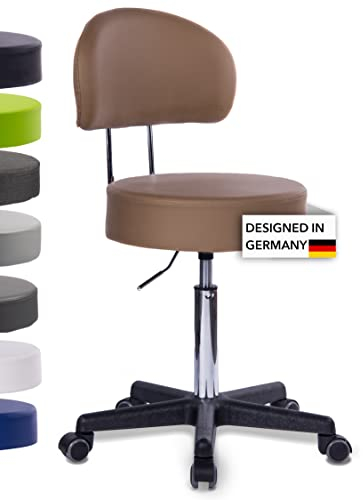 1stuff Rollhocker Squash 40 mit Rückenlehne BIGBACK - ca. 51-71 cm Sitzhöhe - Drehhocker - Praxis-Hocker mit 40 cm breitem Sitz - Küchen-Hocker mit Rollen - Bürohocker Braun