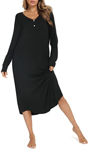 Vlazom Women's Nightgowns Long Sleeves V Neck Button Down Sleep Shirt Soft Nightdress Sleepwear Loungewear, A-Black,L