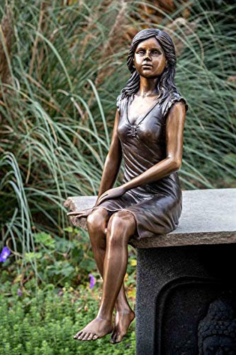 IDYL Bronze-Skulptur Sitzendes Mädchen | 52x26x23 cm | Kinderfigur aus Bronze handgefertigt | Gartenskulptur oder Wohnbereich-Dekoration | Hochwertiges Kunsthandwerk | Wetterfest