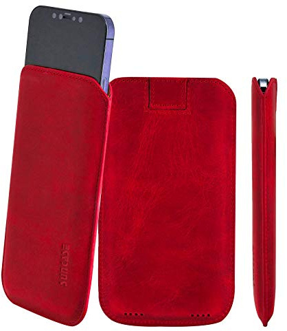 Suncase Original Leder Etui kompatibel mit iPhone 12 Mini (5.4) Hülle Tasche Ultra Slim Ledertasche Schutzhülle Case (mit Rückzuglasche) in antik rot