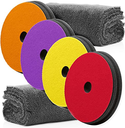 detailmate KochChemie Politur Pad Set: KochChemie One Cut Pad + KochChemie Micro Cut Pad + KochChemie Fine Cut Pad + KochChemie Heavy Cut Pad (150 x 23mm) + 2 Mikrofasertücher, 550GSM