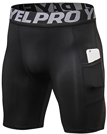 Yishengwan Herren Kompressionsshorts Tights Kurz Schnelltrocknendes Atmungsaktiv Sport Unterhosen Männer Leggings Kurz mit Handytasche Schwarz L
