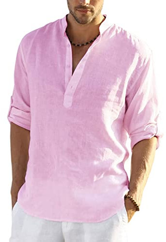 Loalirando Chemise Homme Blanche Col Mao à Manches Longues Haut Décontracté Casual, Rose B, S