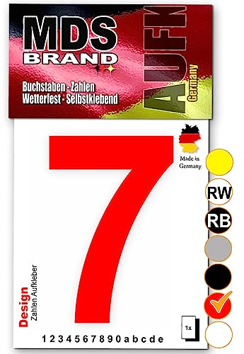 MDS Brand Design 15cm Zahlen Aufkleber Selbstklebende Klebezahlen für Briefkasten, Mülltonne & Hausnummeren Aufkleber für Außen & Innen, D-15 (7, Rot)