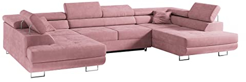 MKS MEBLE Sofa Rosa Wohnzimmer - Wohnlandschaft - U-Form Couch mit Schlaffunktion - Schlafsofa mit Bettkasten - Wohnzimmer U Couch - Polstersofa mit Bettkasten - Gustaw U Rosa Kronos
