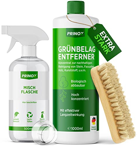 PRINOX® 1000ml Grünbelagentferner inkl. Scheuerbürste I EXTREM STARK I 1:40 Konzentrat I Terrasse, Dach, Fassade Reiniger mit Langzeitwirkung I Chlorfrei & Säurefrei gegen Algen, Flechten I Made in DE