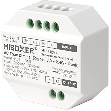 LIGHTEU®, Milight Miboxer Zigbee3.0 und 2,4 GHz Push AC 100–240 V Triac-Dimmer für Lampen und dimmbare Strahler, TRI-C1ZR
